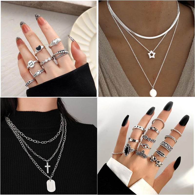 CONGYING 73 Pcs Gold Jewelry Set with 6Pcs Layered Necklace, 11 Pcs anklet and 7Pcs Earring Ear Cuff,12Hoop Earrings ,15pcs Rings,21pcs stud earrings Jewerly set for Women Pack for Friendship Party Gift - Image 2